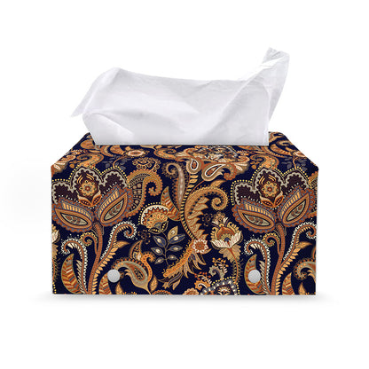 Gold And Blue Paisley Pattern Print Leather Tissue Box Cover
