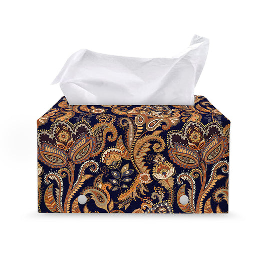 Gold And Blue Paisley Pattern Print Leather Tissue Box Cover