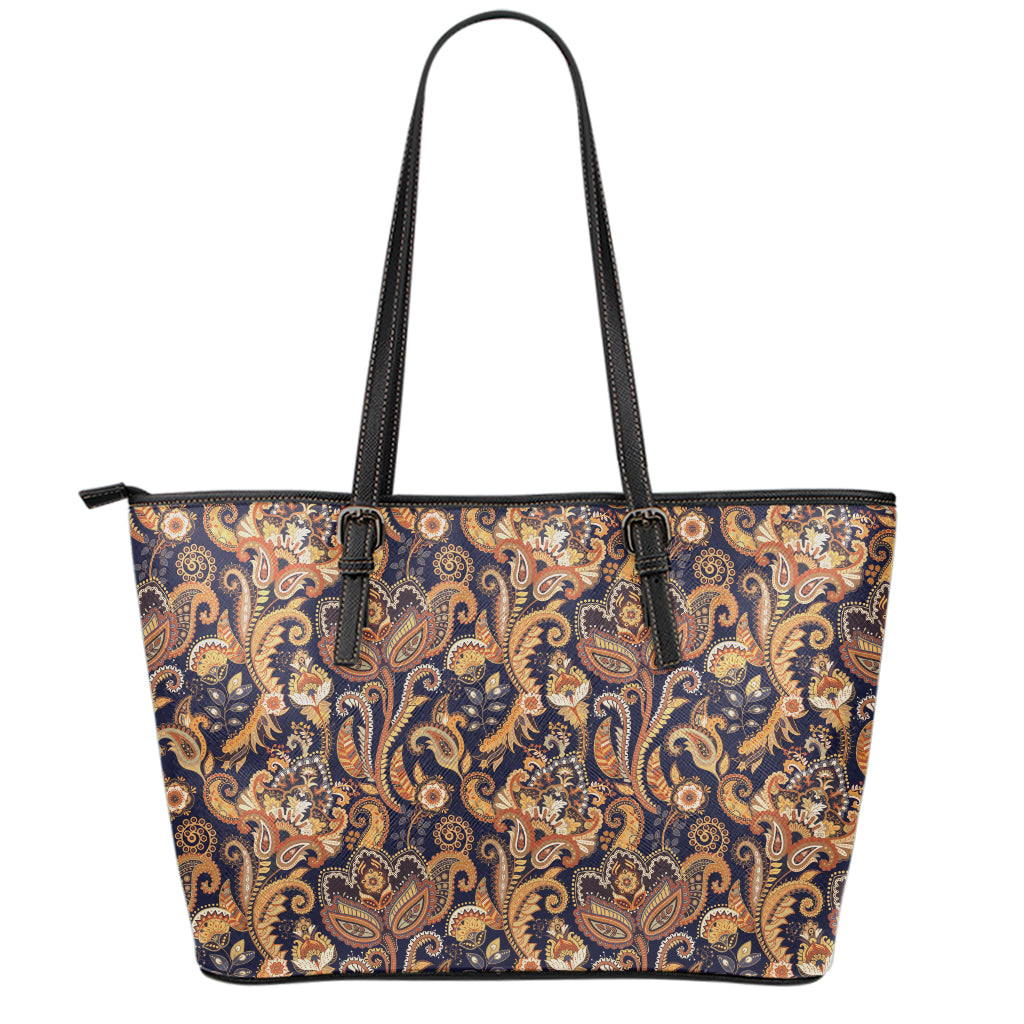 Gold And Blue Paisley Pattern Print Leather Tote Bag