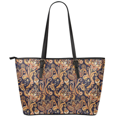 Gold And Blue Paisley Pattern Print Leather Tote Bag