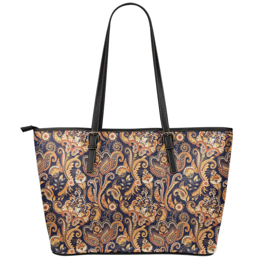 Gold And Blue Paisley Pattern Print Leather Tote Bag