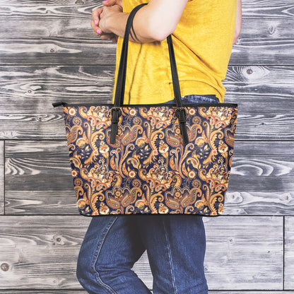 Gold And Blue Paisley Pattern Print Leather Tote Bag