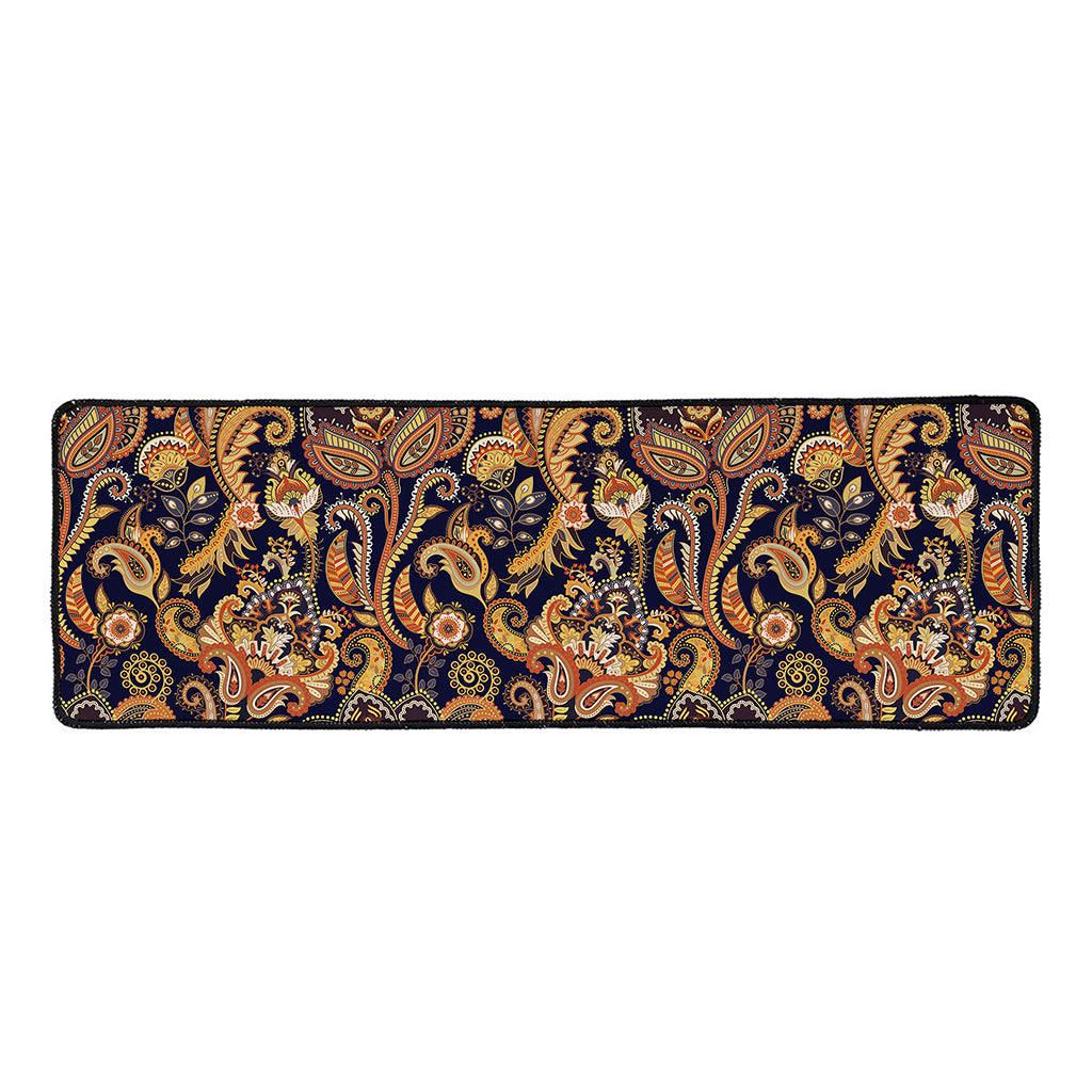 Gold And Blue Paisley Pattern Print Long Kitchen Mat