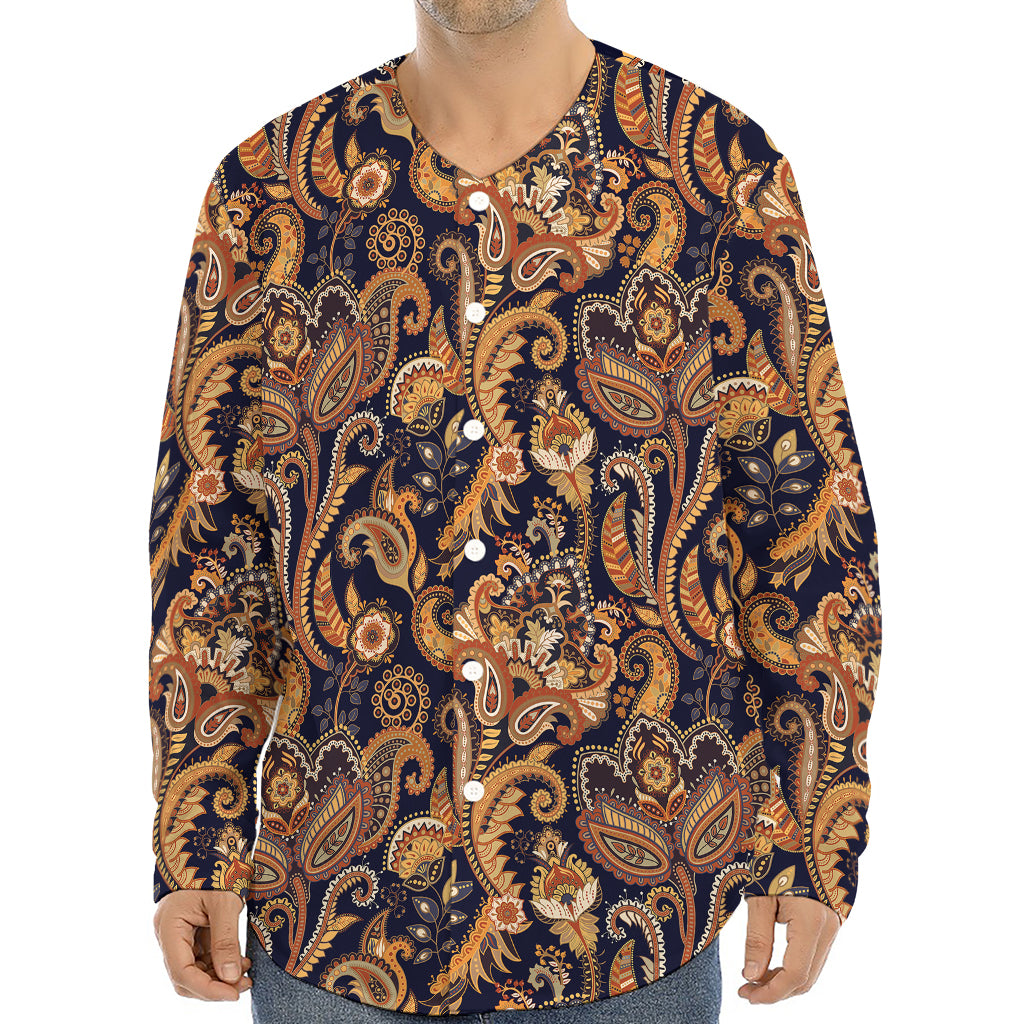 Gold And Blue Paisley Pattern Print Long Sleeve Baseball Jersey