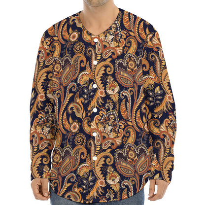 Gold And Blue Paisley Pattern Print Long Sleeve Baseball Jersey