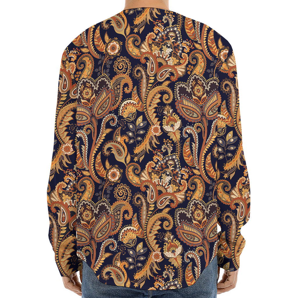 Gold And Blue Paisley Pattern Print Long Sleeve Baseball Jersey
