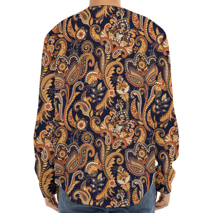 Gold And Blue Paisley Pattern Print Long Sleeve Baseball Jersey