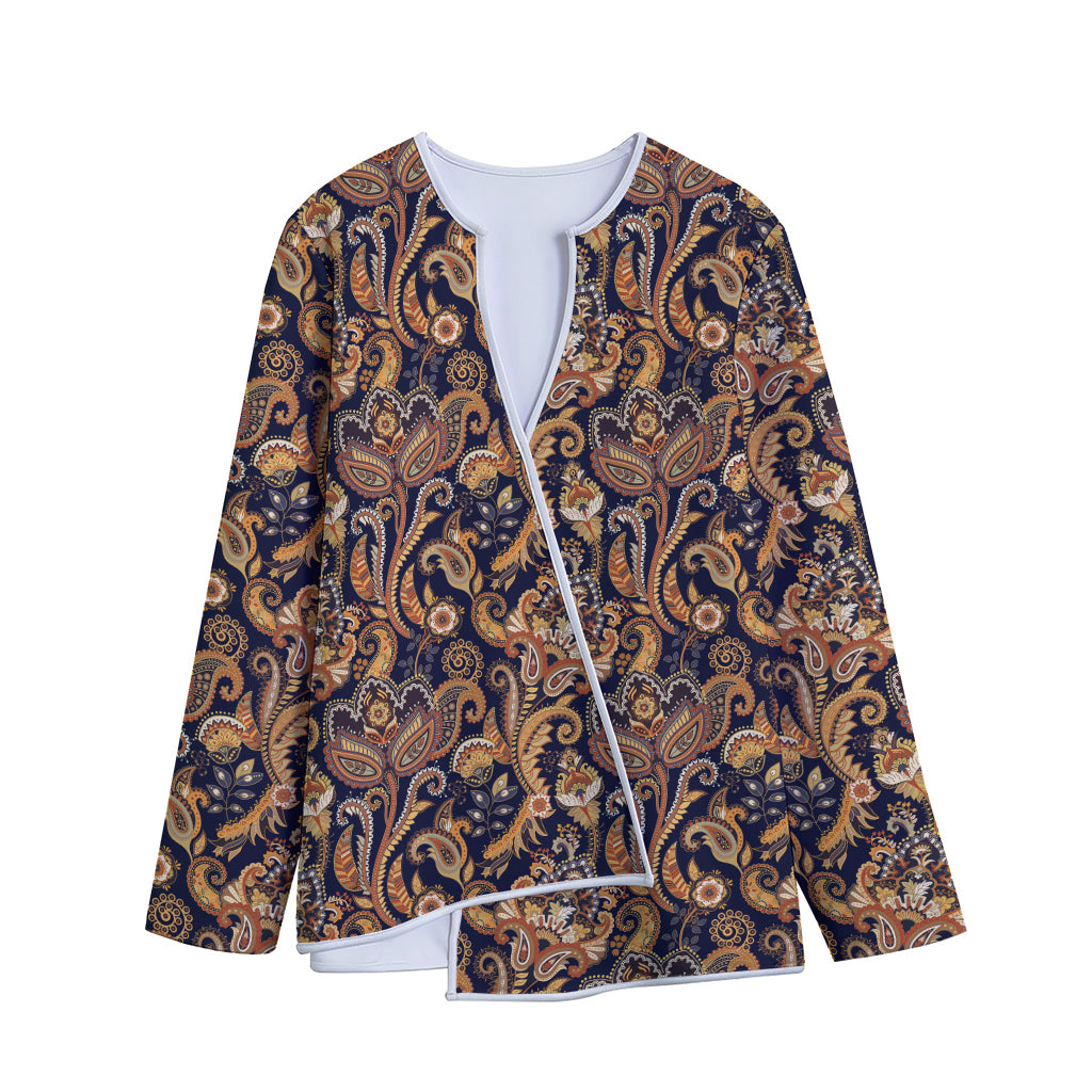 Gold And Blue Paisley Pattern Print Long Sleeve Short Coat