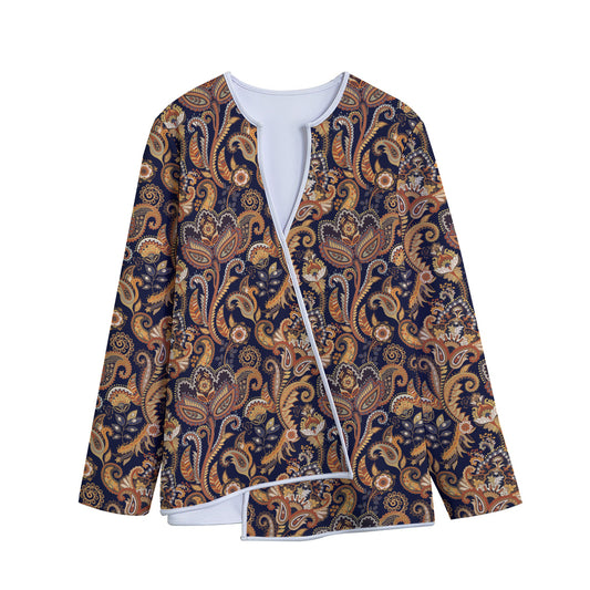 Gold And Blue Paisley Pattern Print Long Sleeve Short Coat