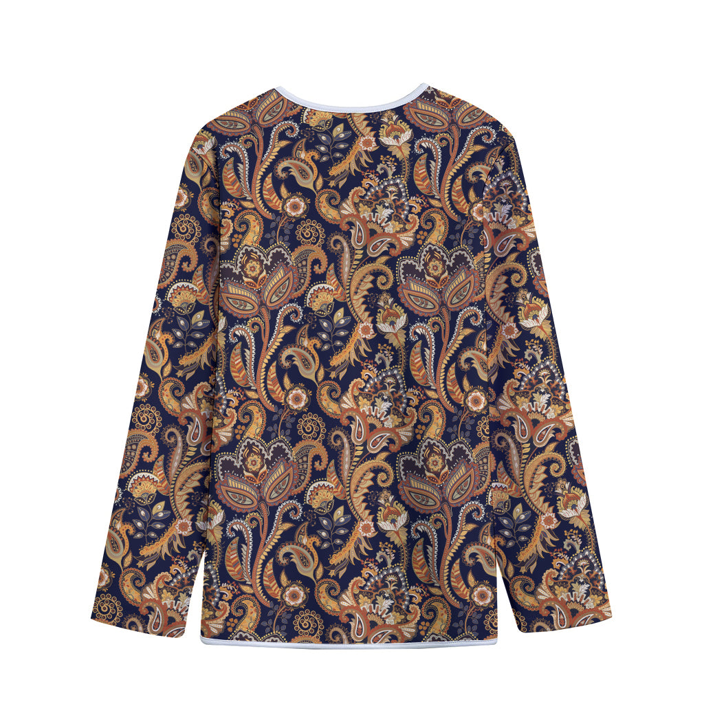 Gold And Blue Paisley Pattern Print Long Sleeve Short Coat