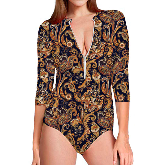Gold And Blue Paisley Pattern Print Long Sleeve Swimsuit