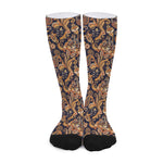 Gold And Blue Paisley Pattern Print Long Socks
