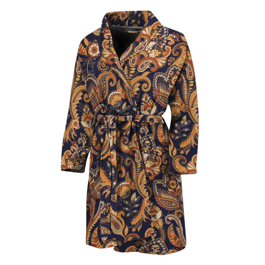 Gold And Blue Paisley Pattern Print Men's Bathrobe