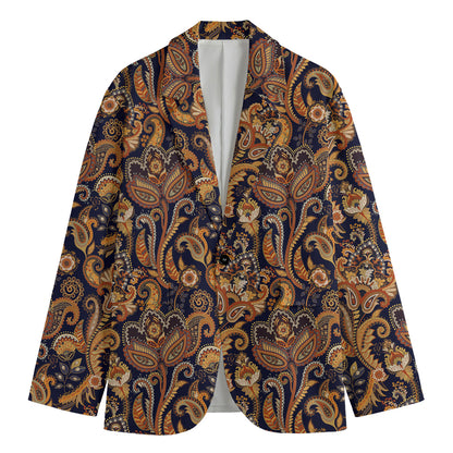 Gold And Blue Paisley Pattern Print Men's Cotton Blazer