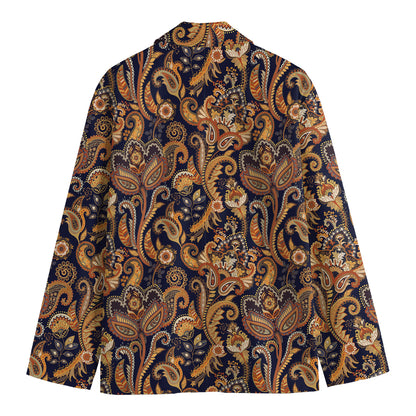 Gold And Blue Paisley Pattern Print Men's Cotton Blazer