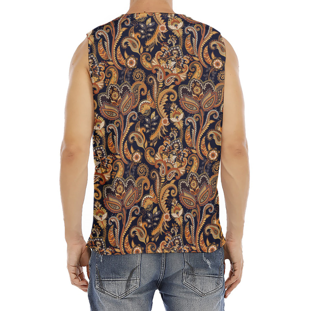 Gold And Blue Paisley Pattern Print Men's Fitness Tank Top
