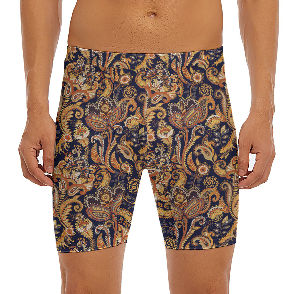 Gold And Blue Paisley Pattern Print Men's Long Boxer Briefs
