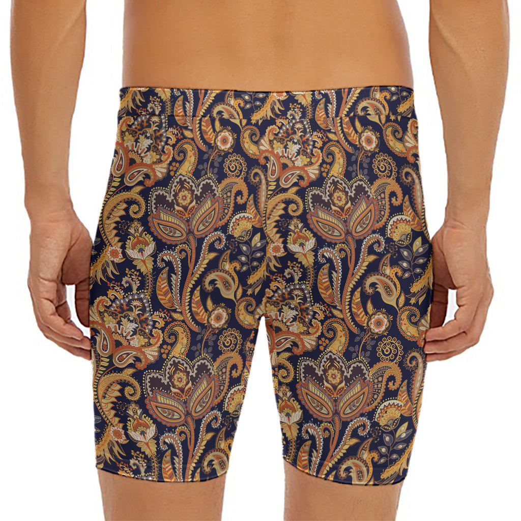 Gold And Blue Paisley Pattern Print Men's Long Boxer Briefs