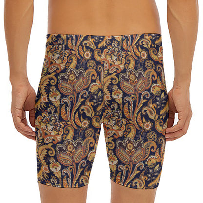 Gold And Blue Paisley Pattern Print Men's Long Boxer Briefs