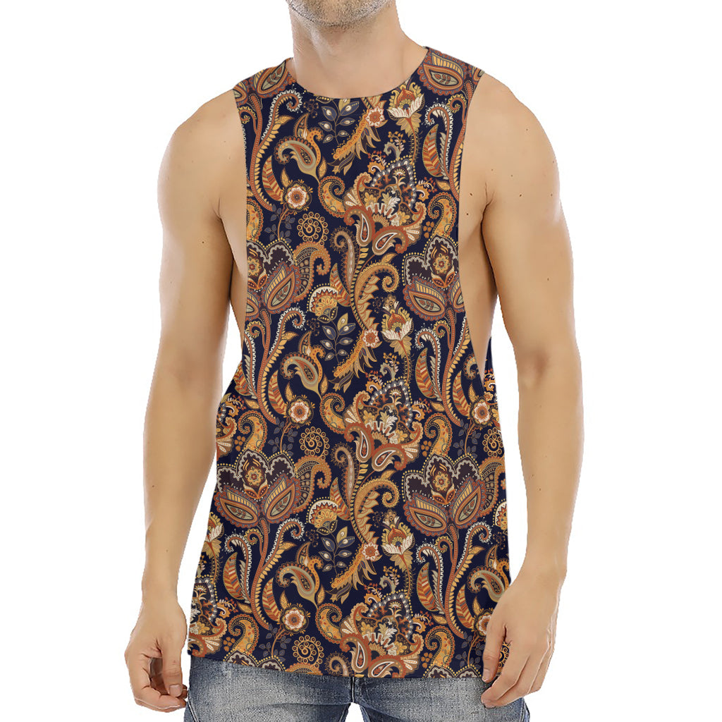 Gold And Blue Paisley Pattern Print Men's Muscle Tank Top