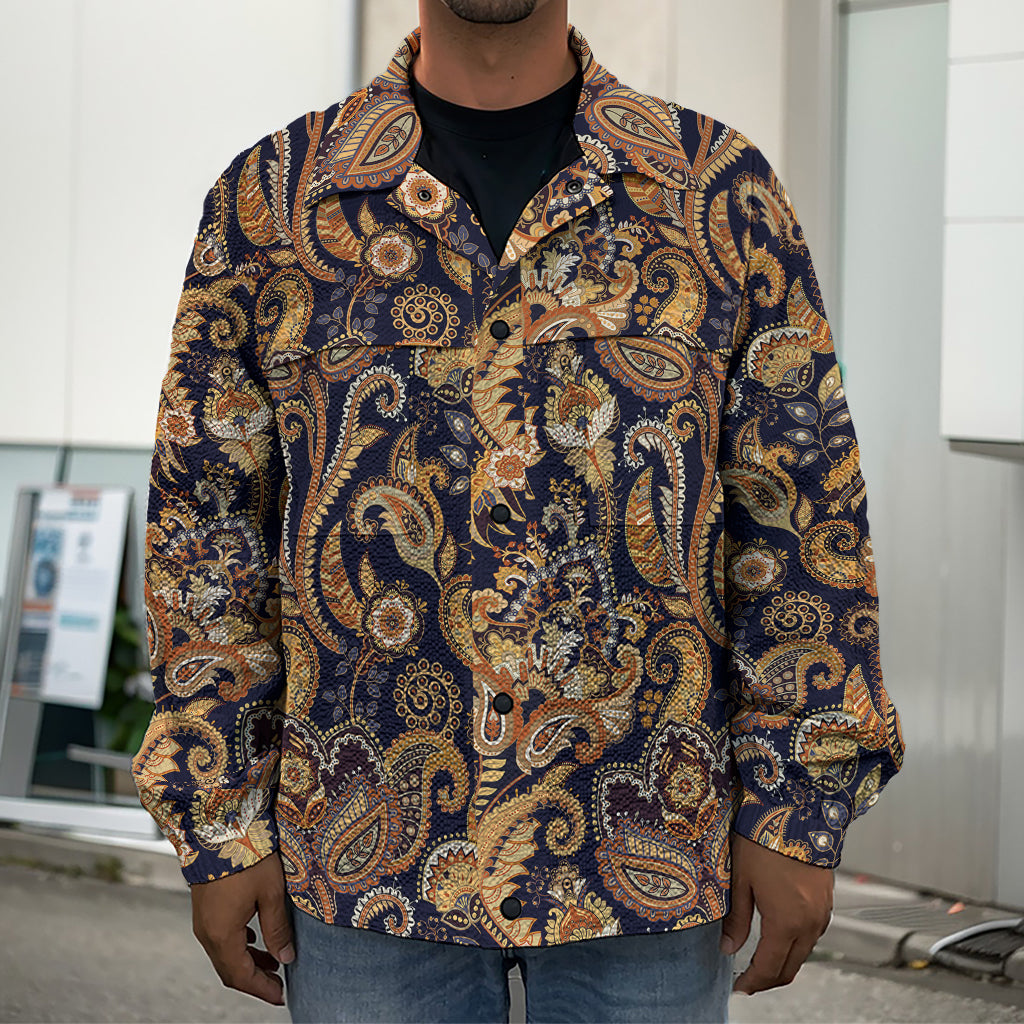 Gold And Blue Paisley Pattern Print Men's Shirt Jacket
