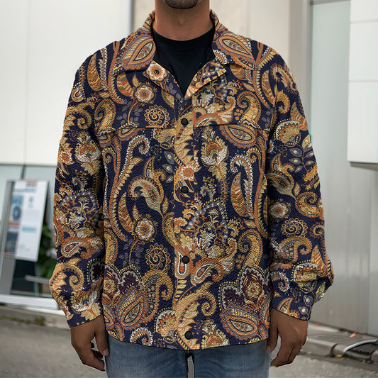 Gold And Blue Paisley Pattern Print Men's Shirt Jacket