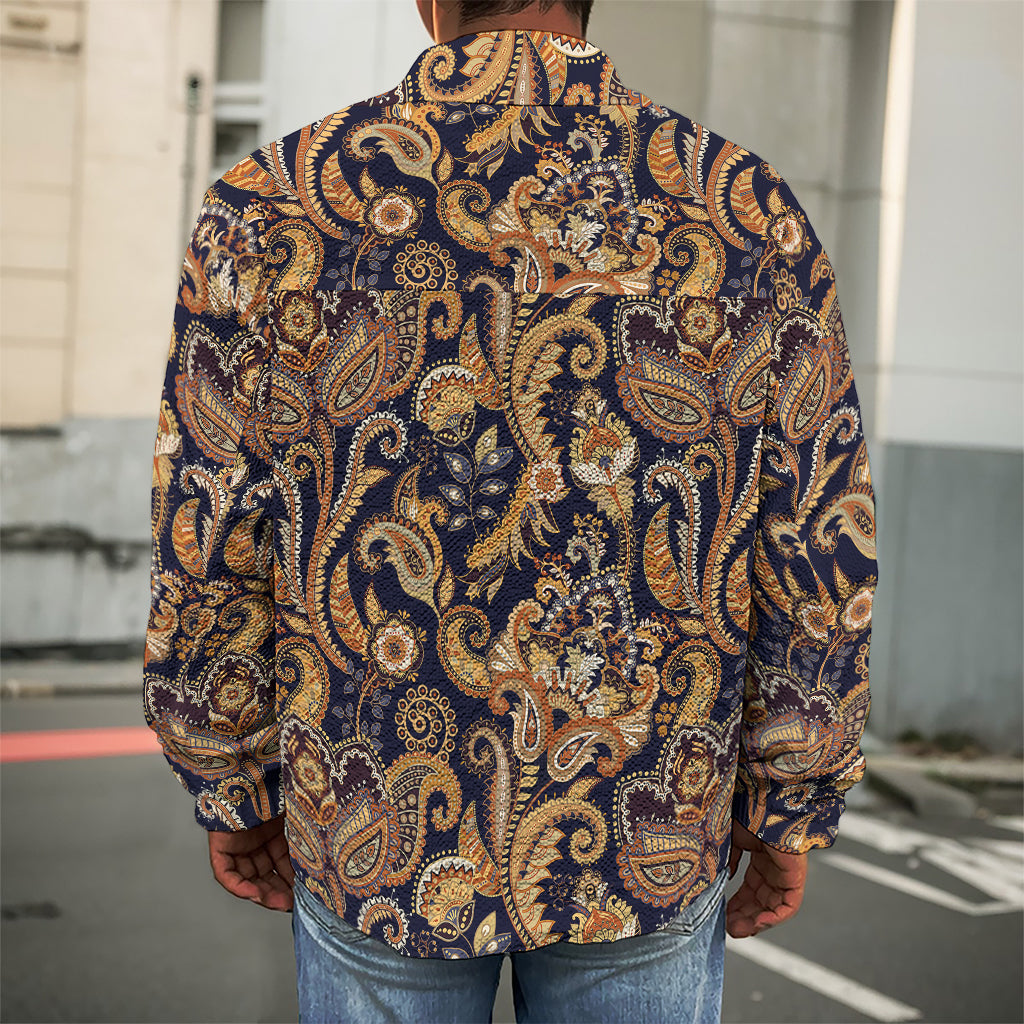 Gold And Blue Paisley Pattern Print Men's Shirt Jacket