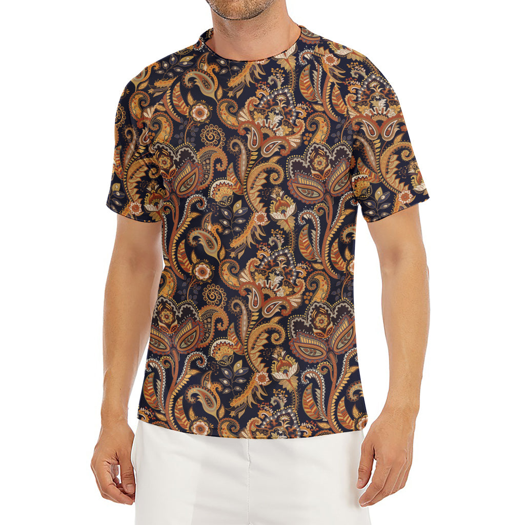 Gold And Blue Paisley Pattern Print Men's Short Sleeve Rash Guard