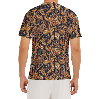 Gold And Blue Paisley Pattern Print Men's Short Sleeve Rash Guard