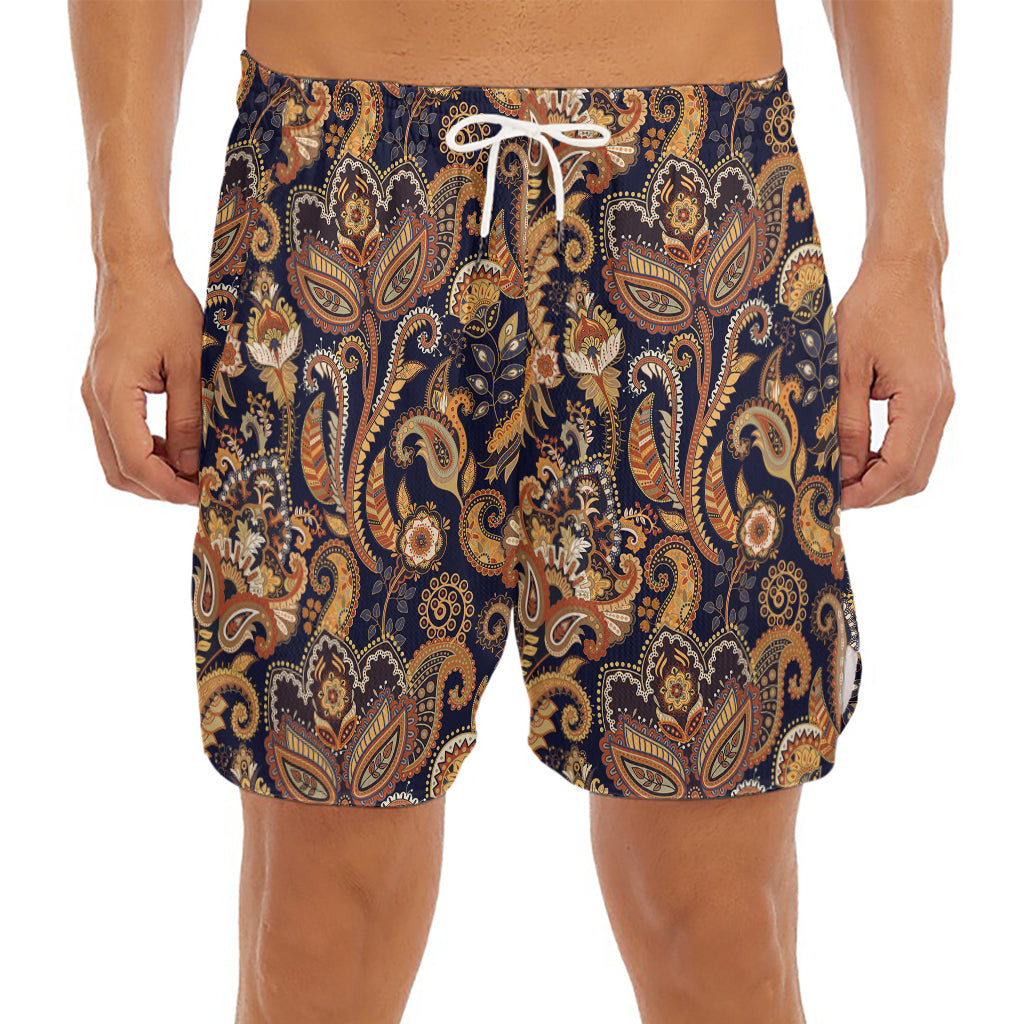 Gold And Blue Paisley Pattern Print Men's Split Running Shorts