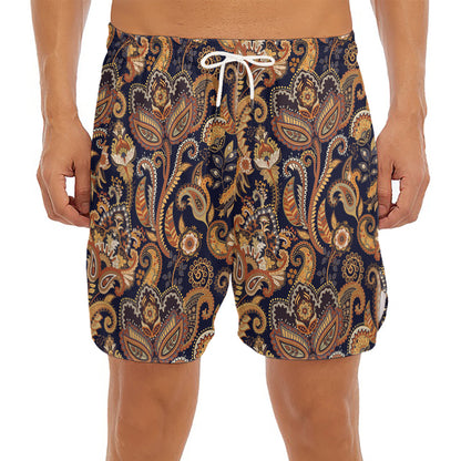 Gold And Blue Paisley Pattern Print Men's Split Running Shorts