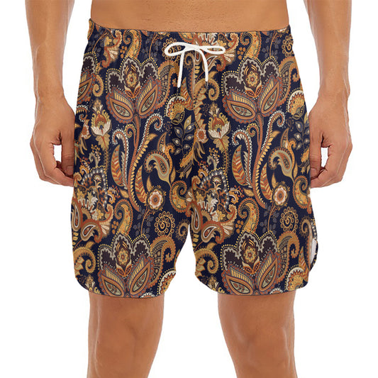 Gold And Blue Paisley Pattern Print Men's Split Running Shorts