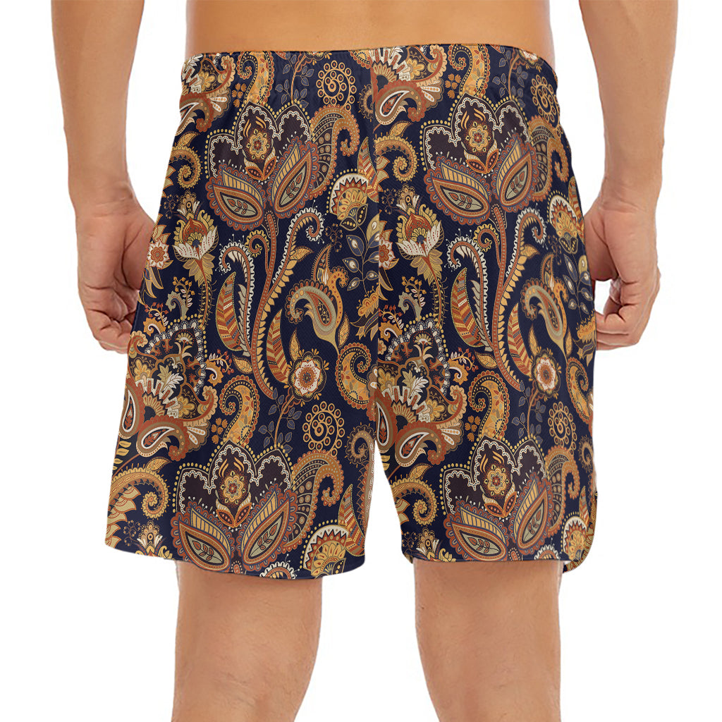 Gold And Blue Paisley Pattern Print Men's Split Running Shorts