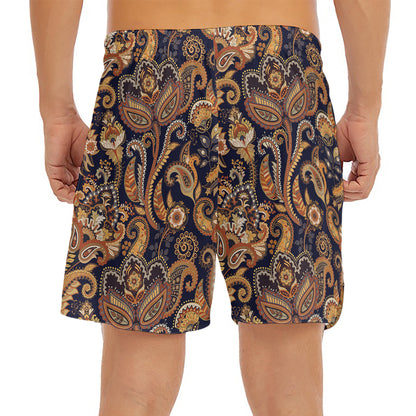 Gold And Blue Paisley Pattern Print Men's Split Running Shorts