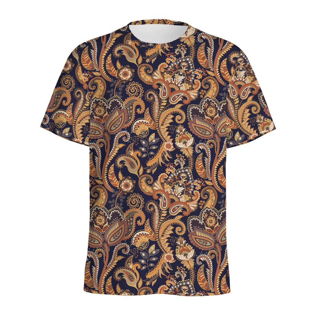 Gold And Blue Paisley Pattern Print Men's Sports T-Shirt