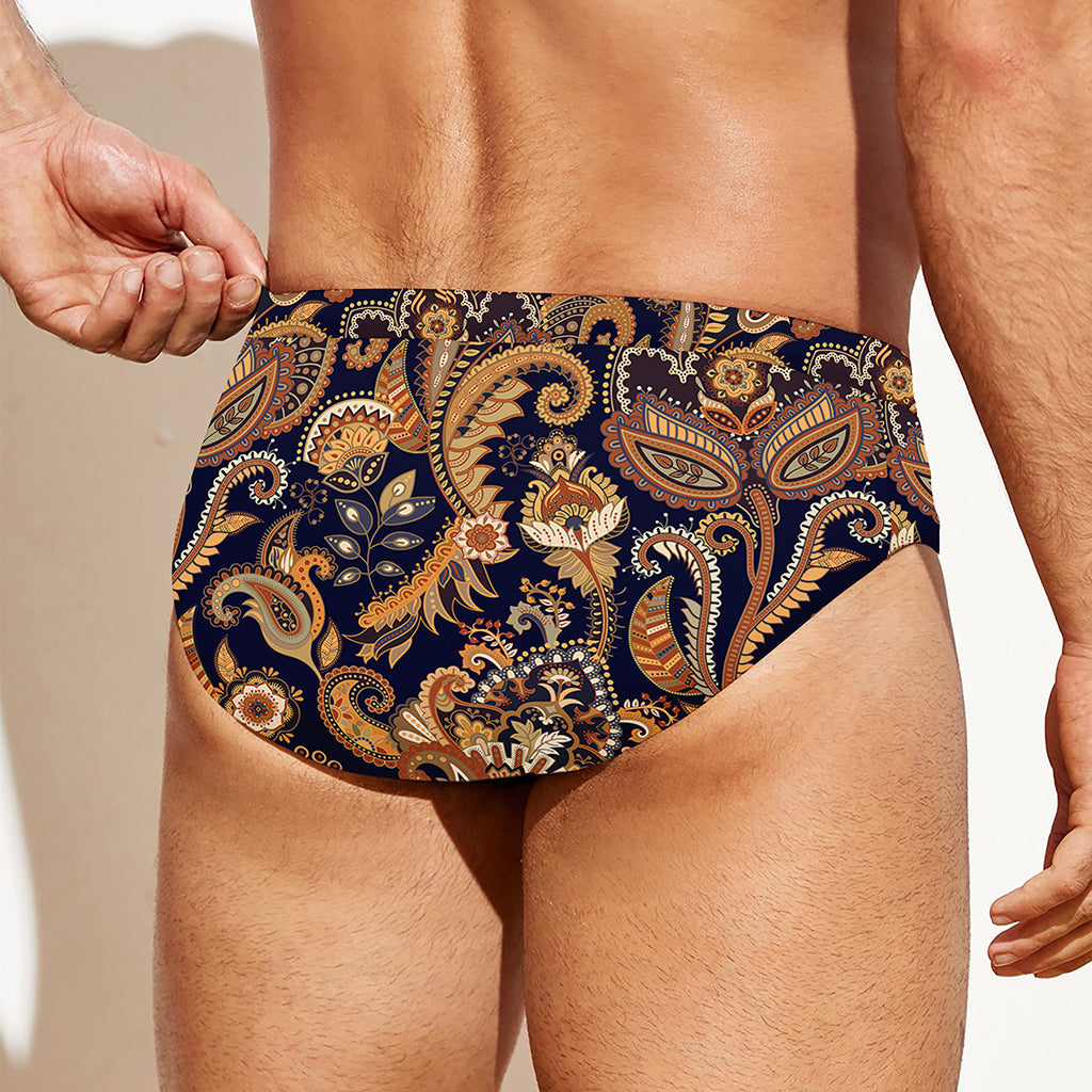 Gold And Blue Paisley Pattern Print Men's Swim Briefs