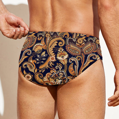 Gold And Blue Paisley Pattern Print Men's Swim Briefs