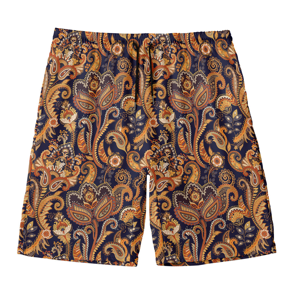 Gold And Blue Paisley Pattern Print Men's Swim Trunks