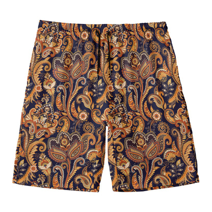 Gold And Blue Paisley Pattern Print Men's Swim Trunks