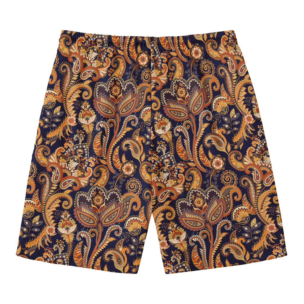 Gold And Blue Paisley Pattern Print Men's Swim Trunks