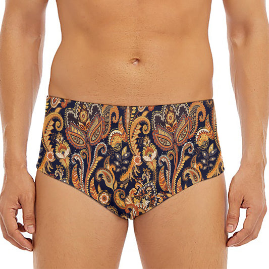 Gold And Blue Paisley Pattern Print Men's Triangle Swim Briefs