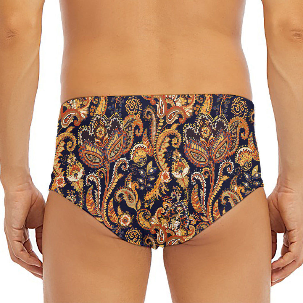 Gold And Blue Paisley Pattern Print Men's Triangle Swim Briefs