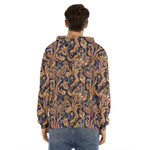 Gold And Blue Paisley Pattern Print Men's Velvet Pullover Hoodie