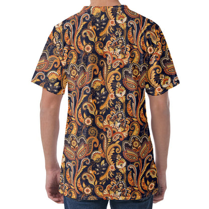 Gold And Blue Paisley Pattern Print Men's Velvet T-Shirt