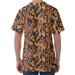 Gold And Blue Paisley Pattern Print Men's Velvet T-Shirt