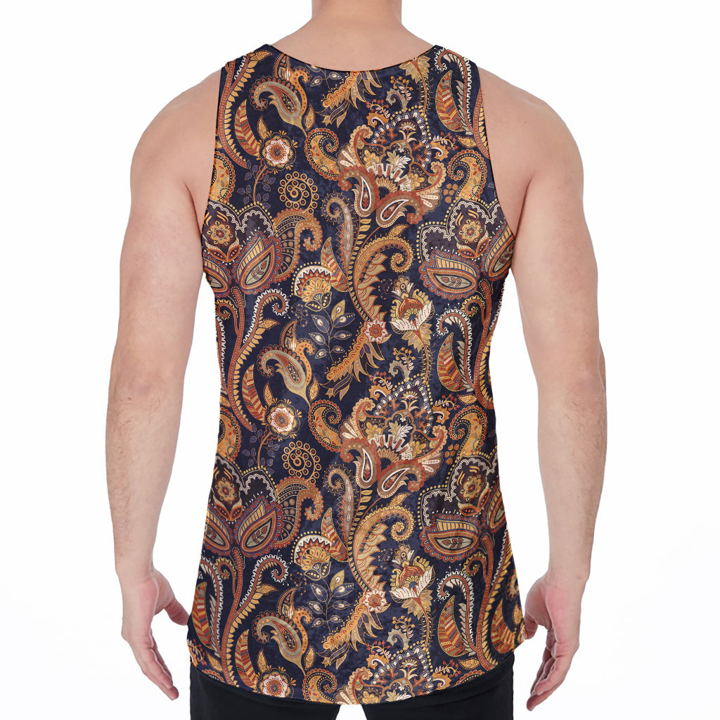 Gold And Blue Paisley Pattern Print Men's Velvet Tank Top