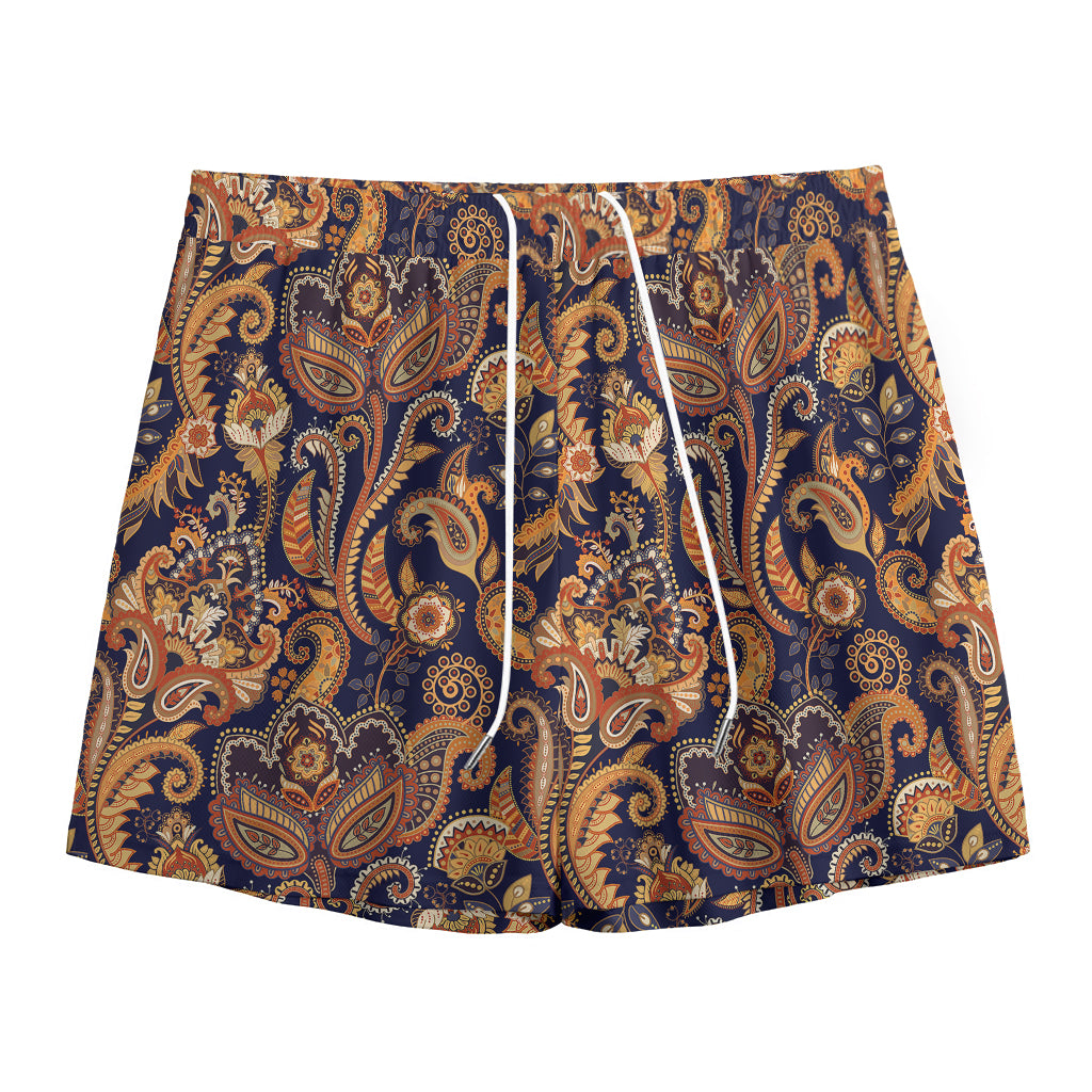 Gold And Blue Paisley Pattern Print Mesh Shorts
