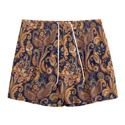 Gold And Blue Paisley Pattern Print Mesh Shorts