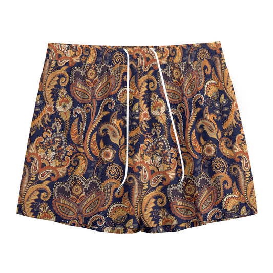 Gold And Blue Paisley Pattern Print Mesh Shorts