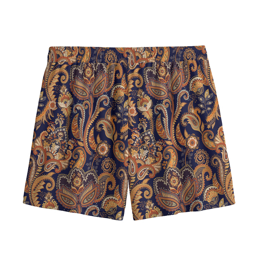 Gold And Blue Paisley Pattern Print Mesh Shorts
